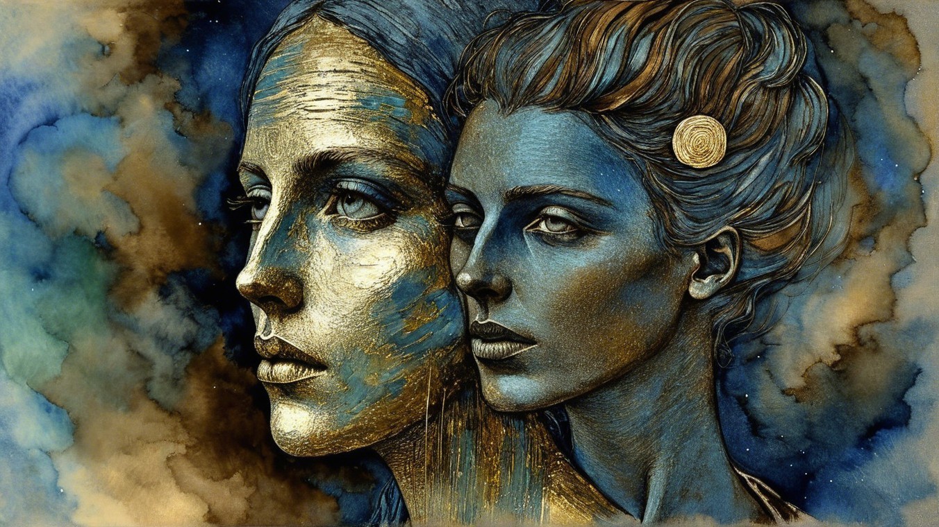 Intertwined Female Portraits in Gold and Blue Hues