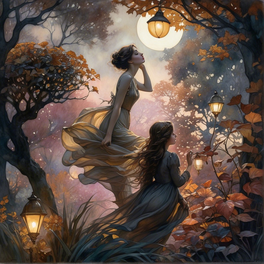 Ethereal Figures in a Whimsical Twilight Forest