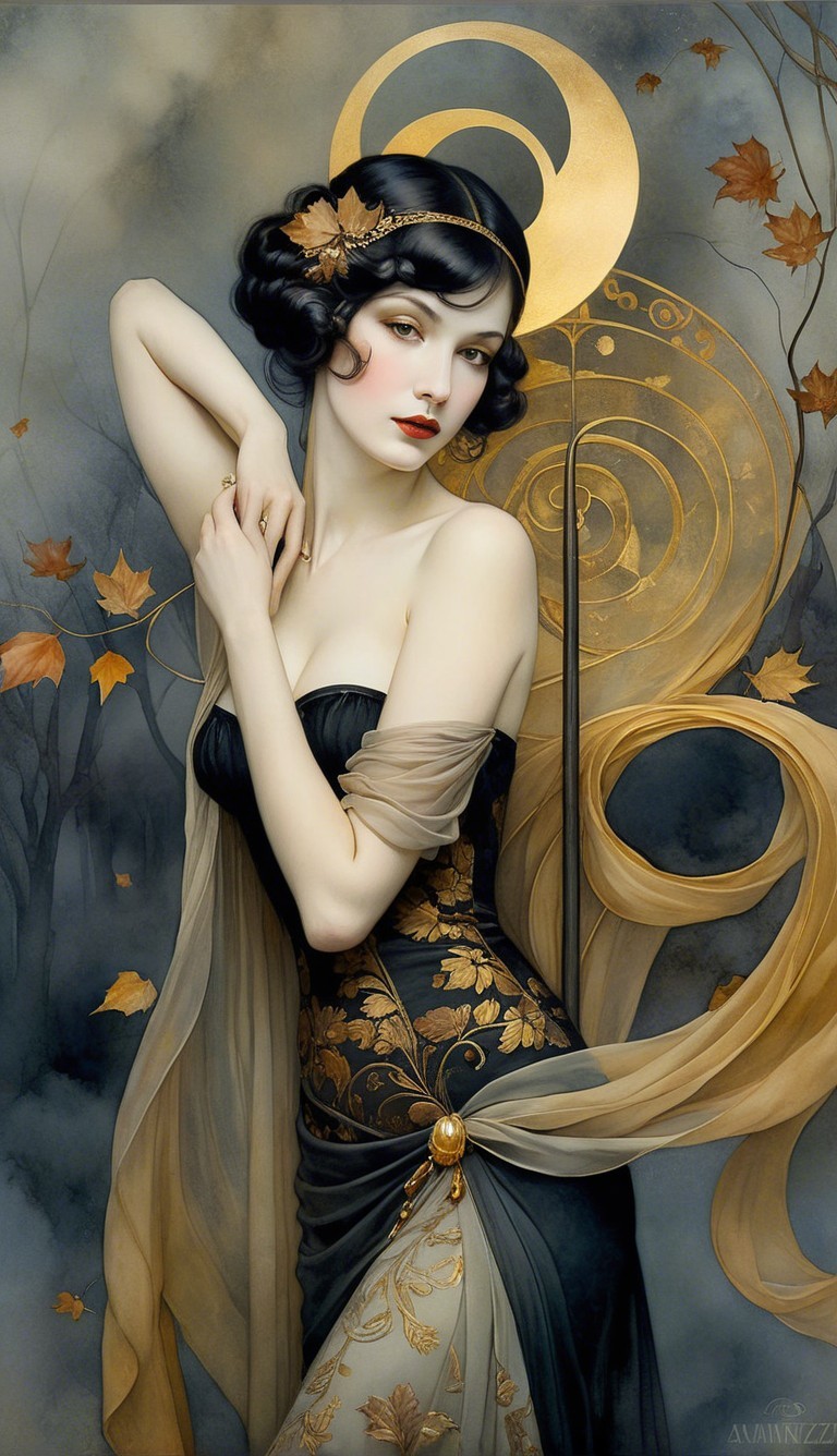 Elegant Woman in Black Gown with Ethereal Background