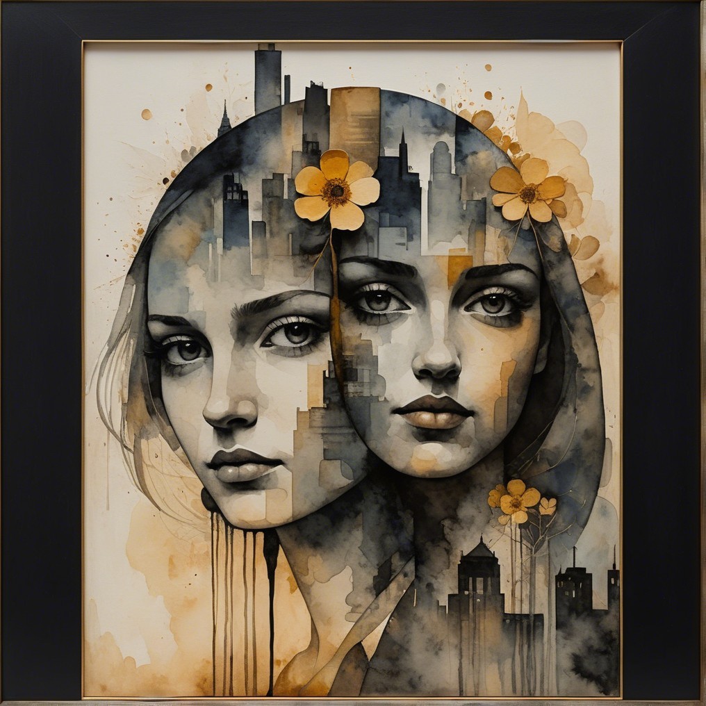 Intertwined Faces with Urban Silhouettes in Watercolors