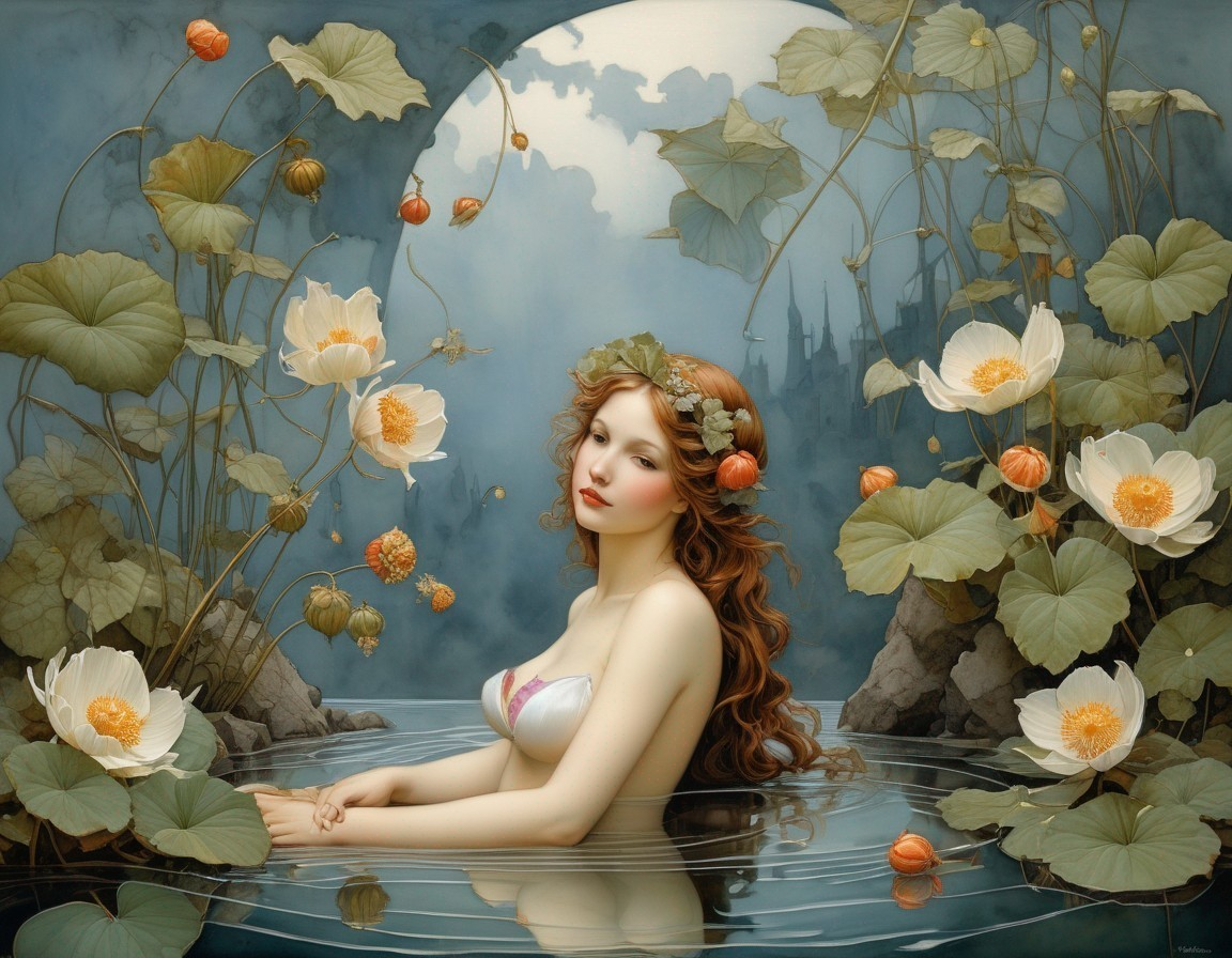 Young Woman with Red Hair in Reflective Pool Scene