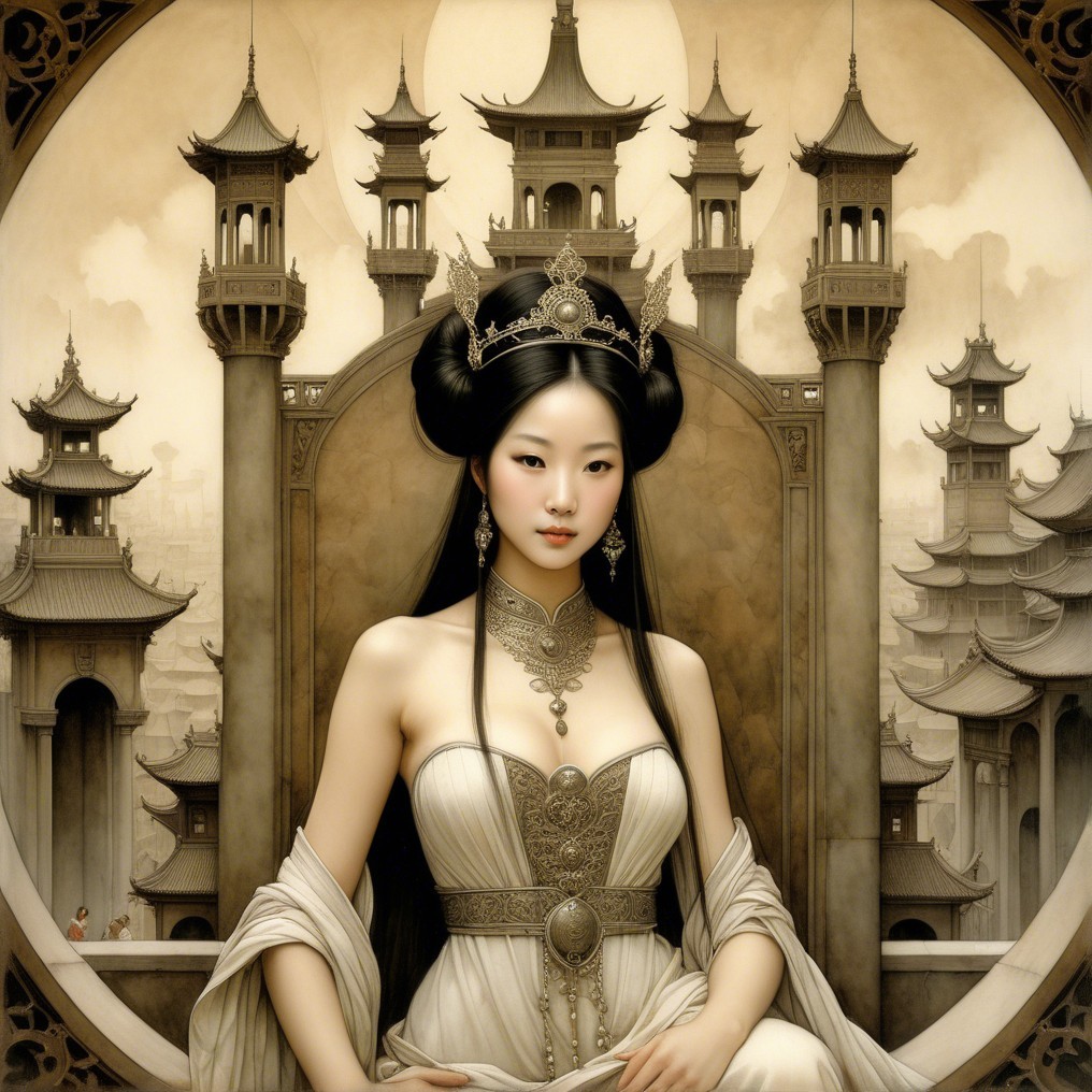 Elegant woman on ornate throne with majestic backdrop