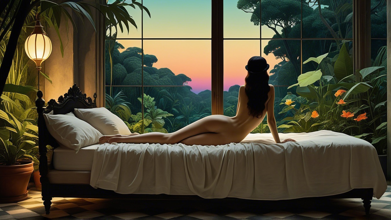 Woman Reclining on Bed with Scenic Nature View
