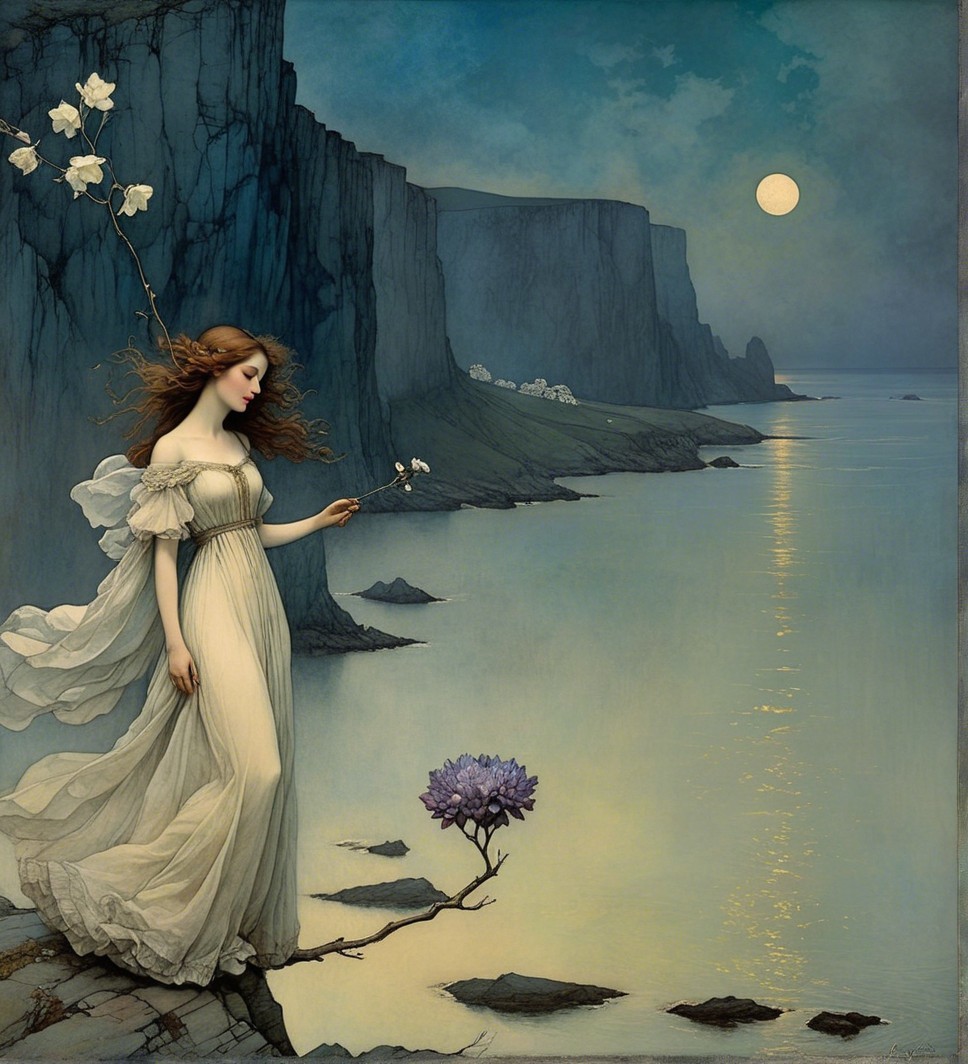 Woman in White Dress on Rocky Moonlit Shore