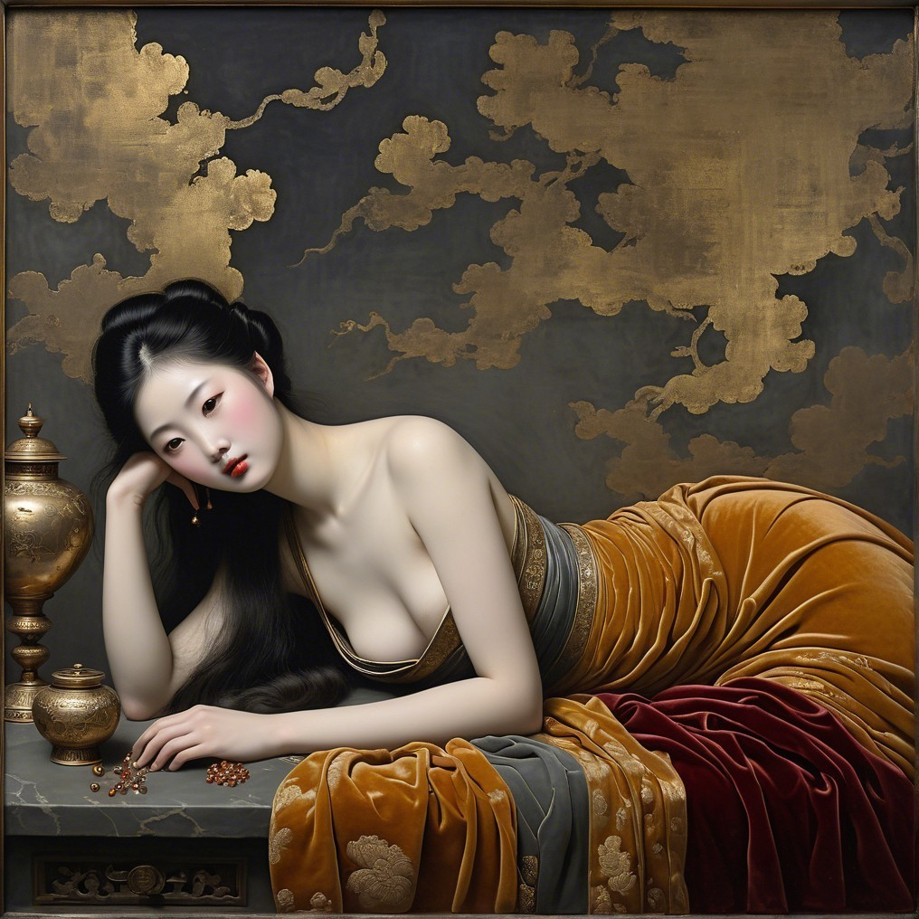 Serene Woman in Luxurious Fabrics Against Golden Clouds