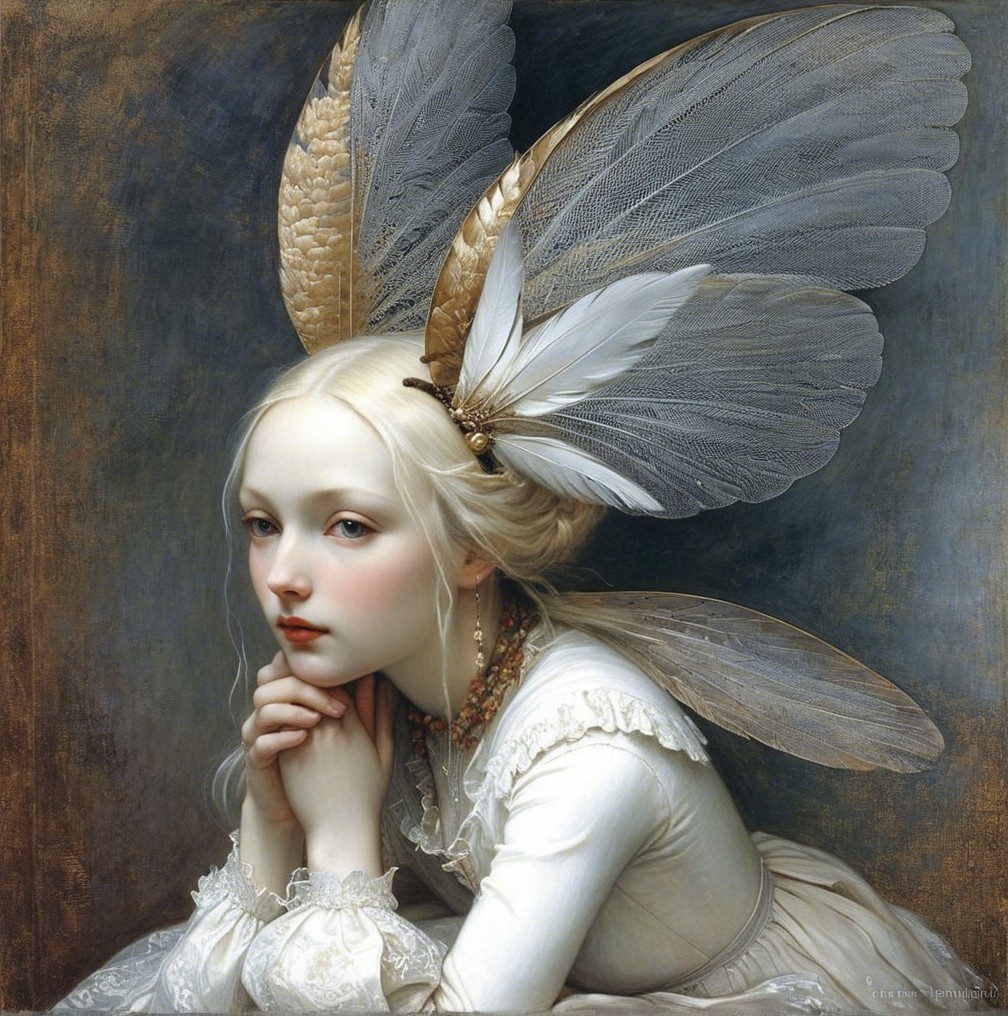 Young girl with wings in a white lace dress