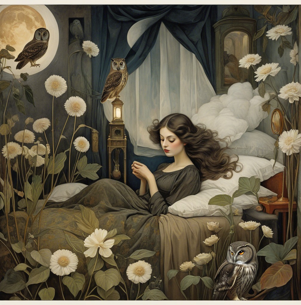 Moonlit Room with Young Woman and Wise Owls