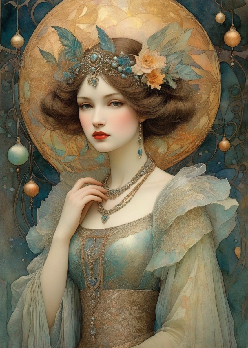 Detailed illustration of a woman with ornate halo and vintage dress against blue backdrop