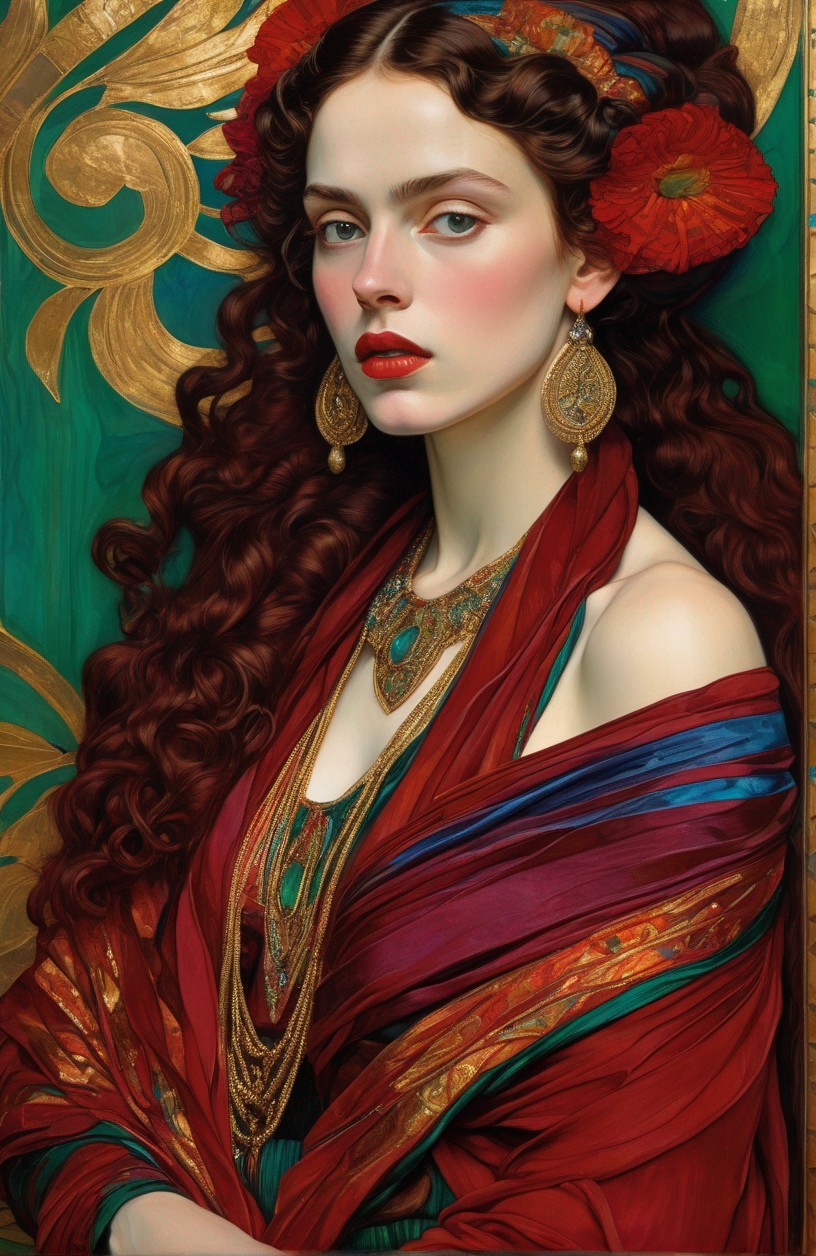 Woman with Long Wavy Hair and Red Flowers, Gold Jewelry, Draped Garment on Ornate