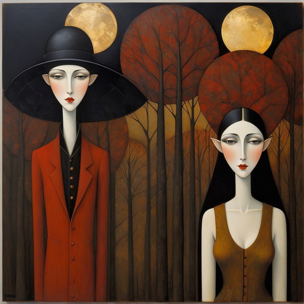 Elongated Figures in Autumn Forest with Moons