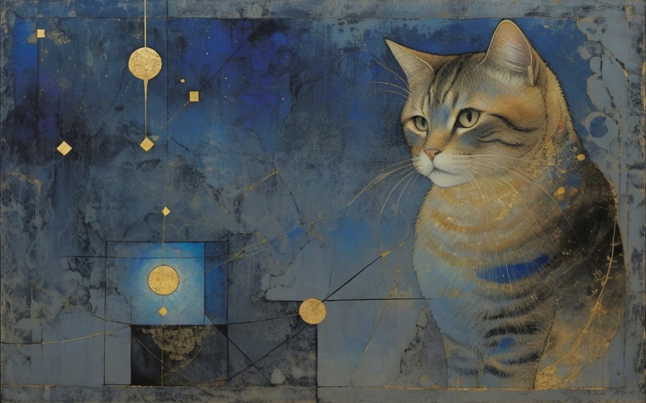 Stylized Cat with Green Eyes on Blue Background