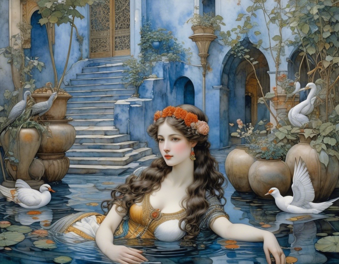 Serene Young Woman in Floral Crown by Tranquil Pool