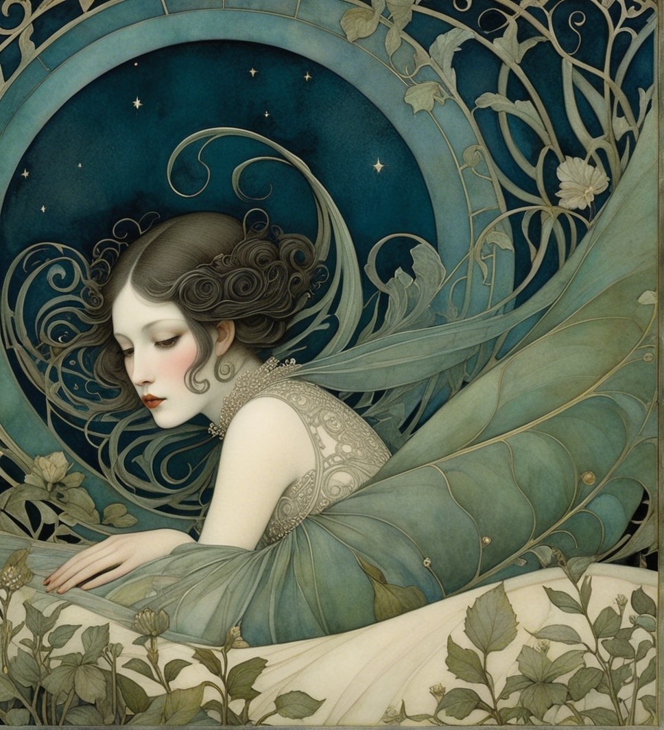 Ethereal Woman with Nature-Inspired Outfit and Motifs