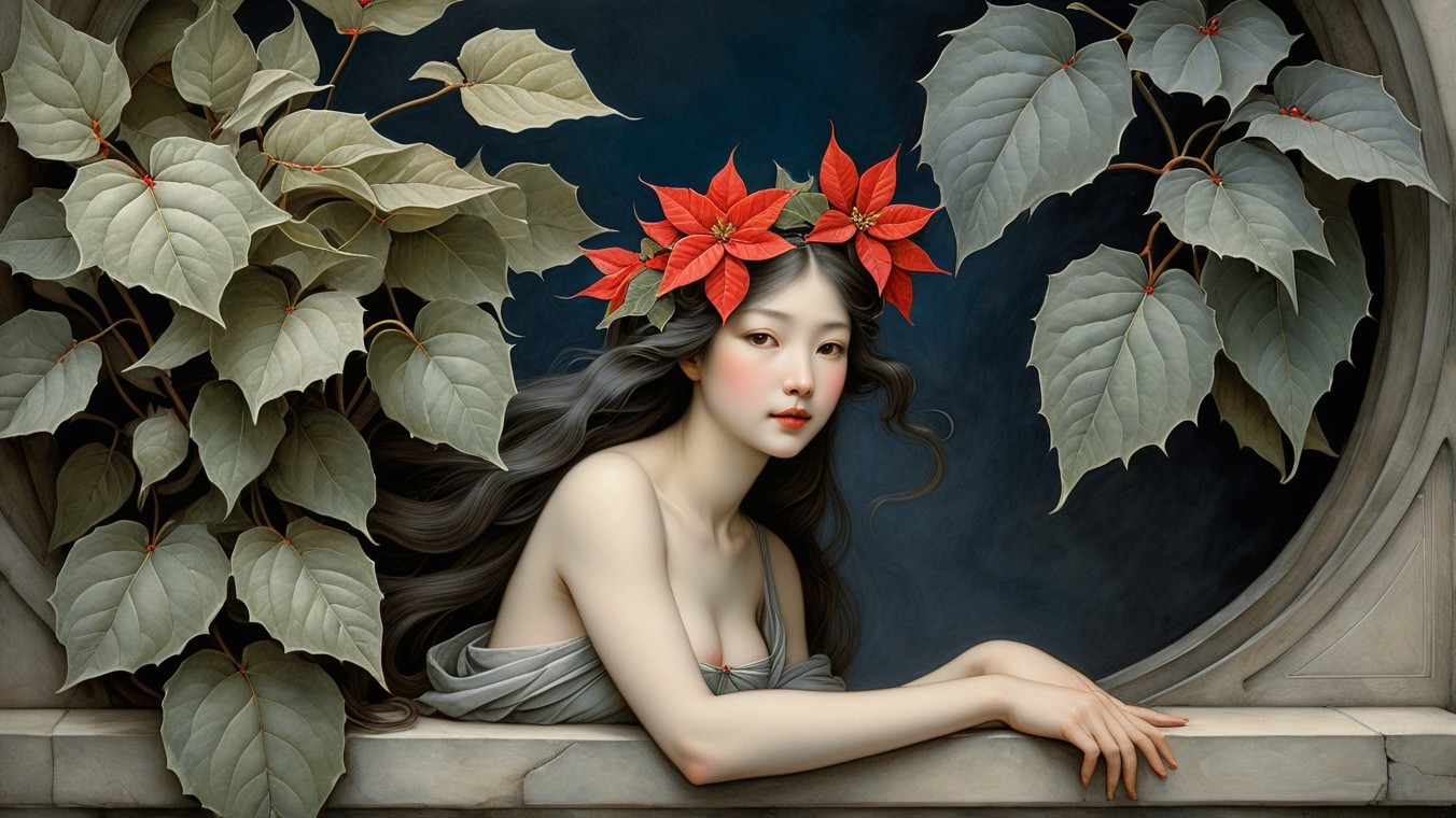 Young woman in stone alcove with poinsettias and leaves