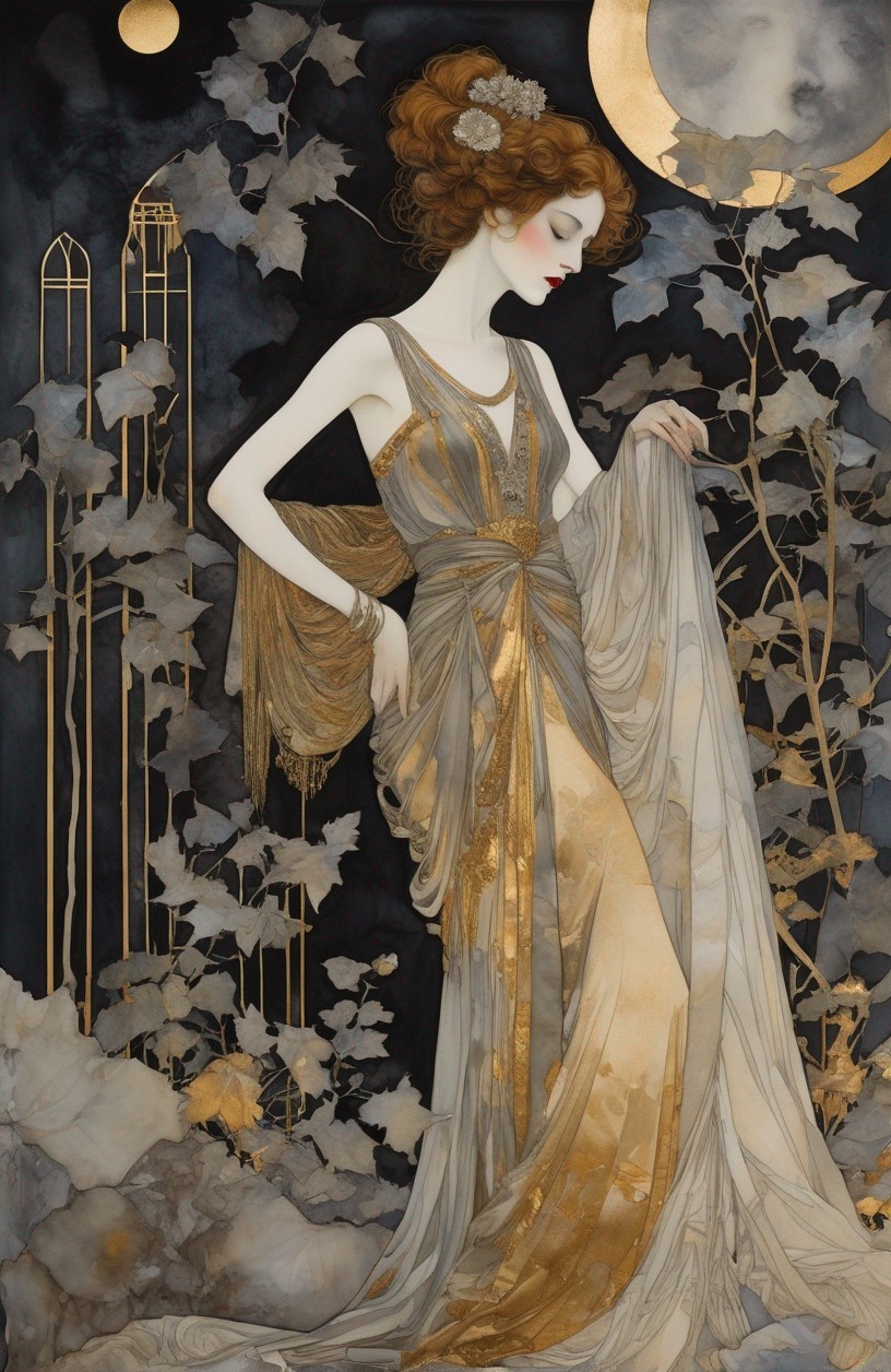 Art Nouveau Illustration of Woman in Golden Gown