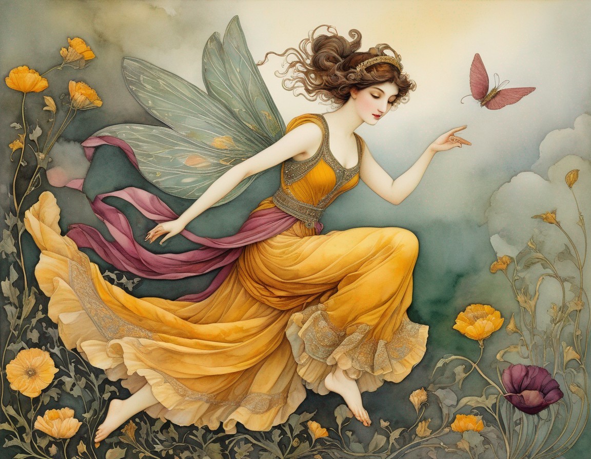 Ethereal Fairy Illustration in Yellow Dress Among Poppies