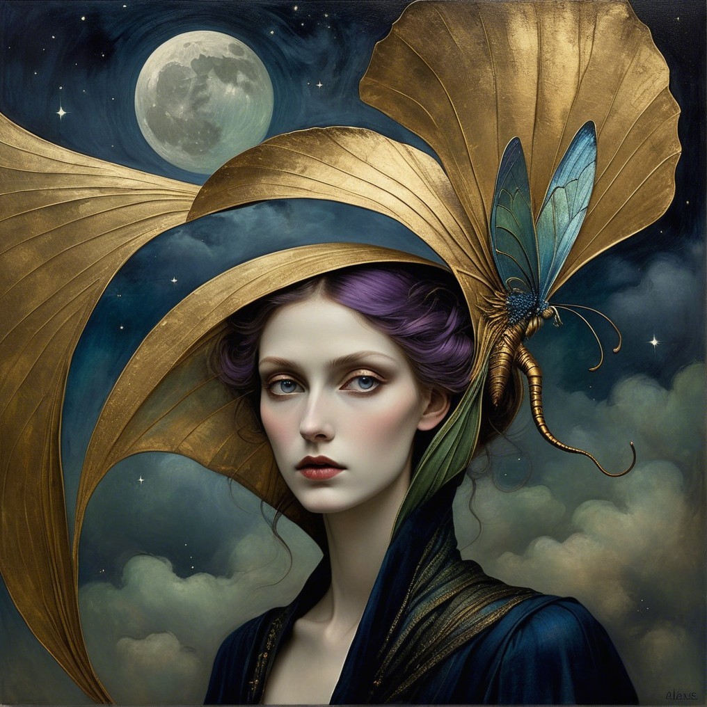 Portrait of a Woman with Ethereal Features and Moonlit Sky
