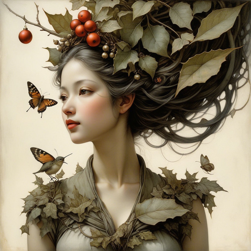 Serene Female Figure with Nature Elements and Butterflies