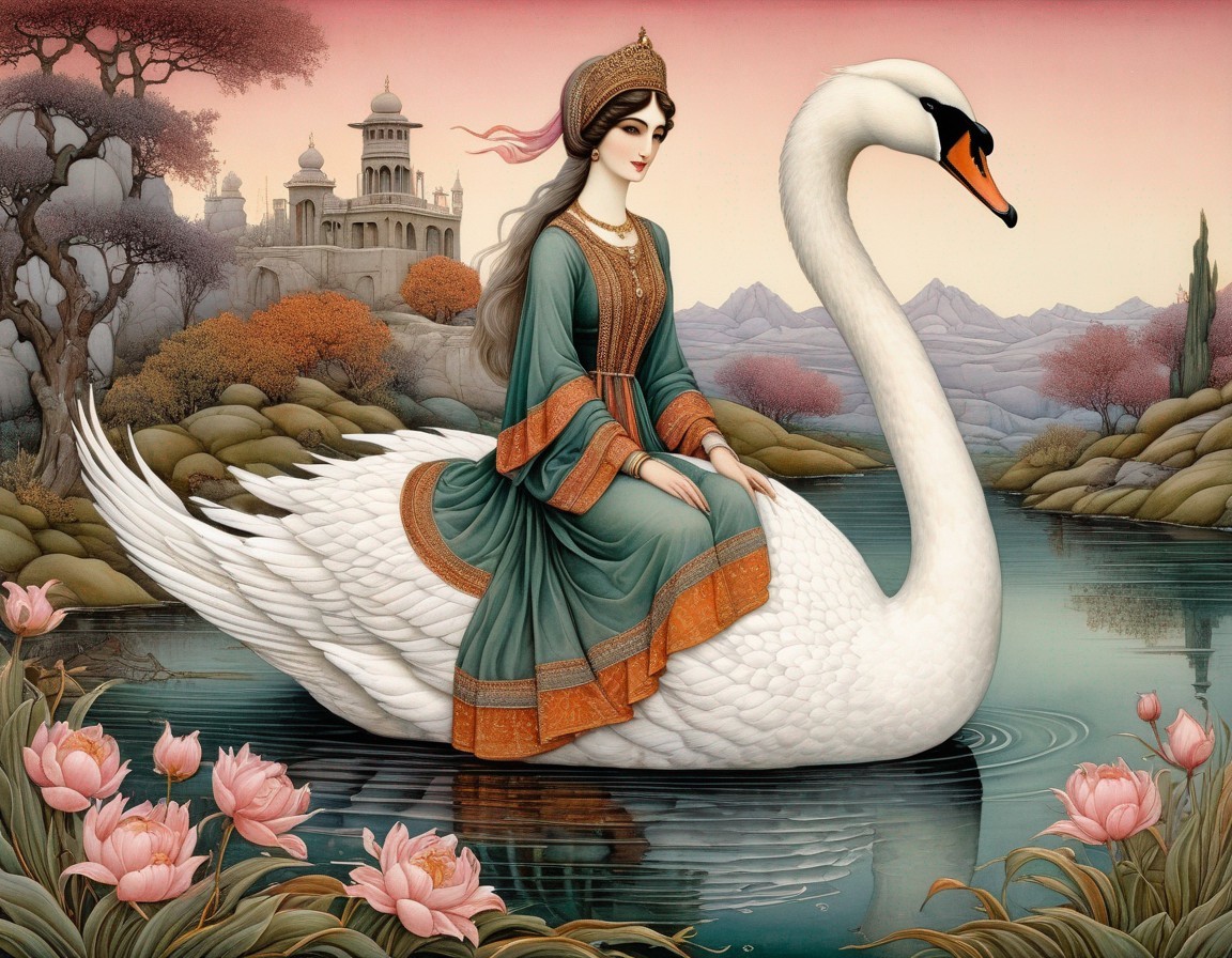 Woman in Traditional Attire on Swan in Serene Lake