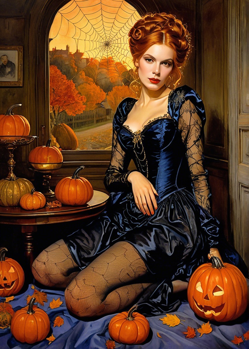 Young woman in dark dress among autumn scenery