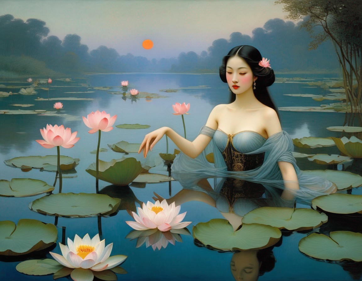 Tranquil pond painting: Ethereal woman among water lilies at sunset