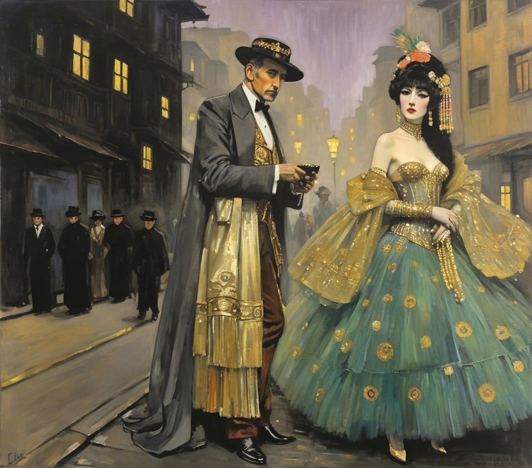 Stylish Couple in Vintage Architecture at Night