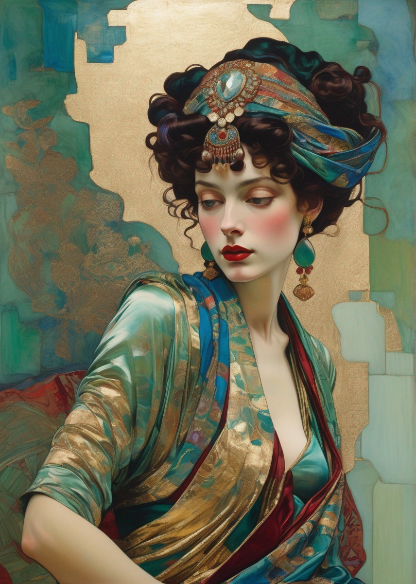 Intricately adorned woman in luxurious attire and jewelry