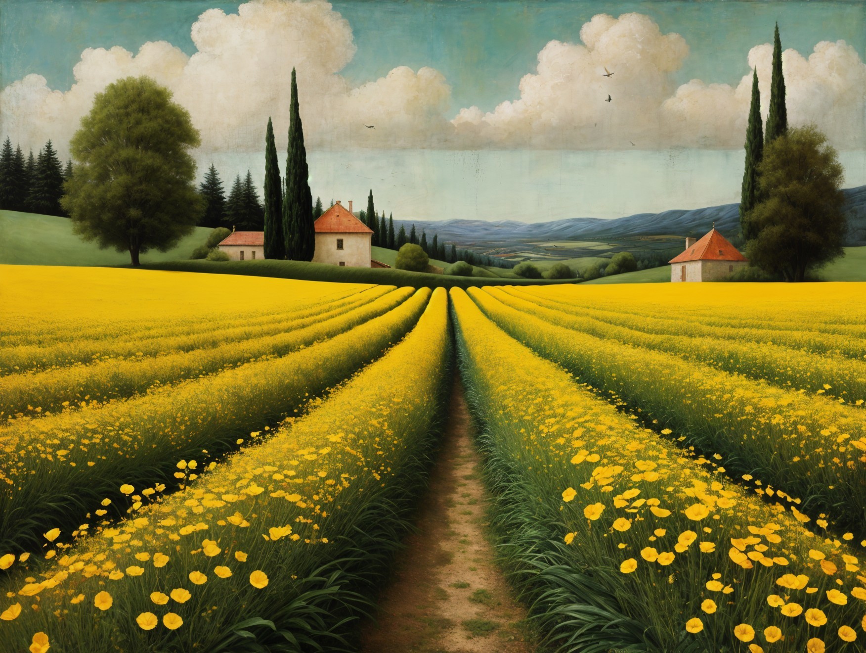 Vibrant Landscape with Yellow Flowers and Red Roofs