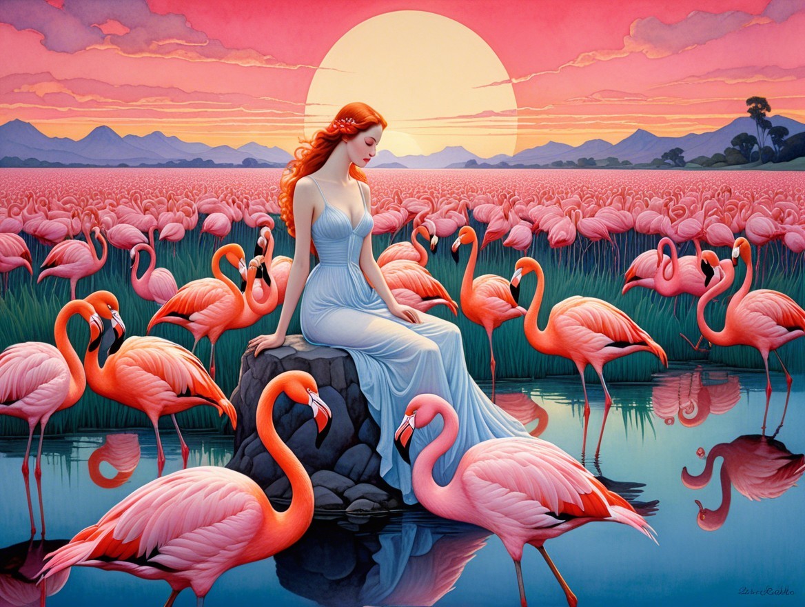 Woman in blue dress by tranquil lake with flamingos