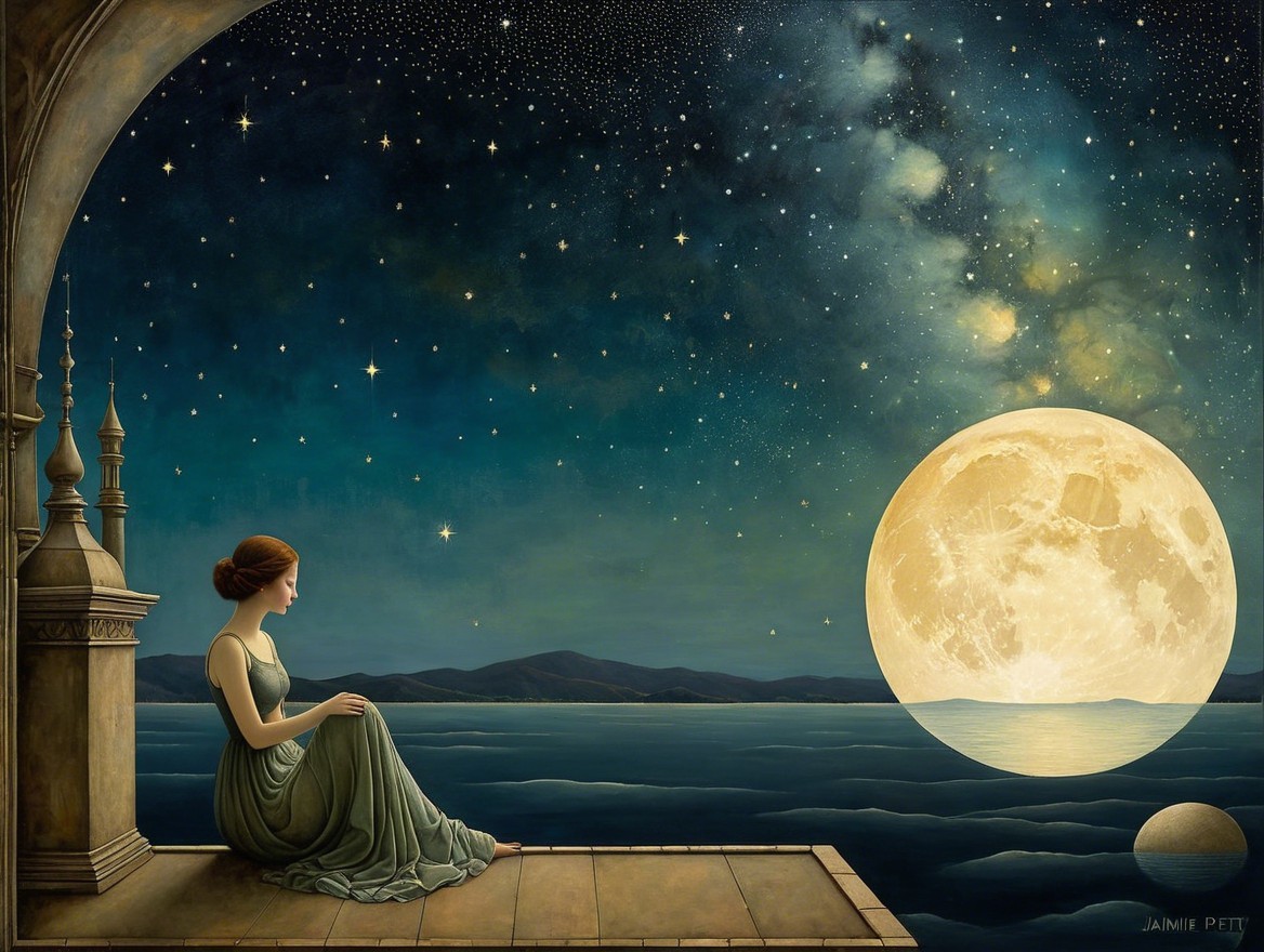 Serene Ocean View with Moonlit Night Sky