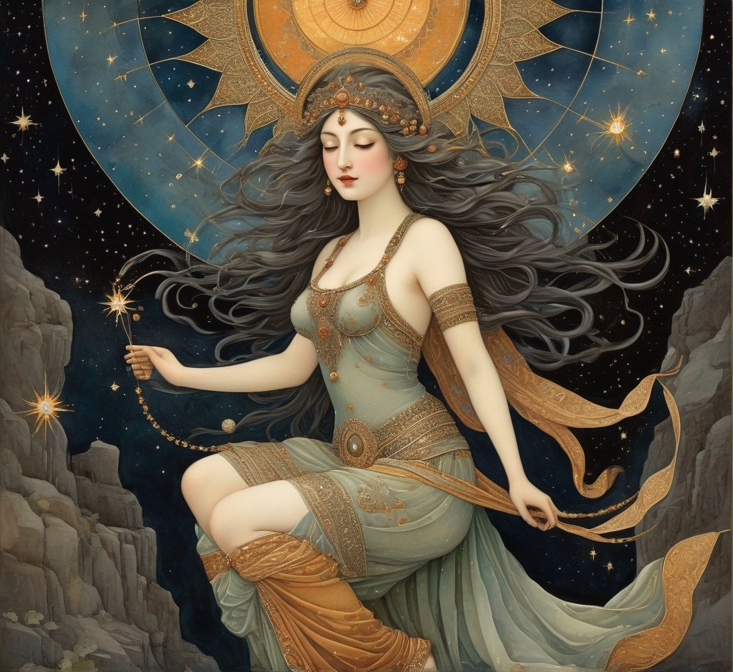 Celestial Figure in Flowing Garments Amidst Stars