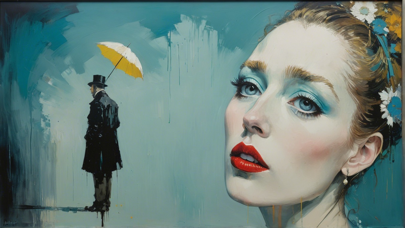 Close-Up Painting of Woman with Bold Makeup and Umbrella