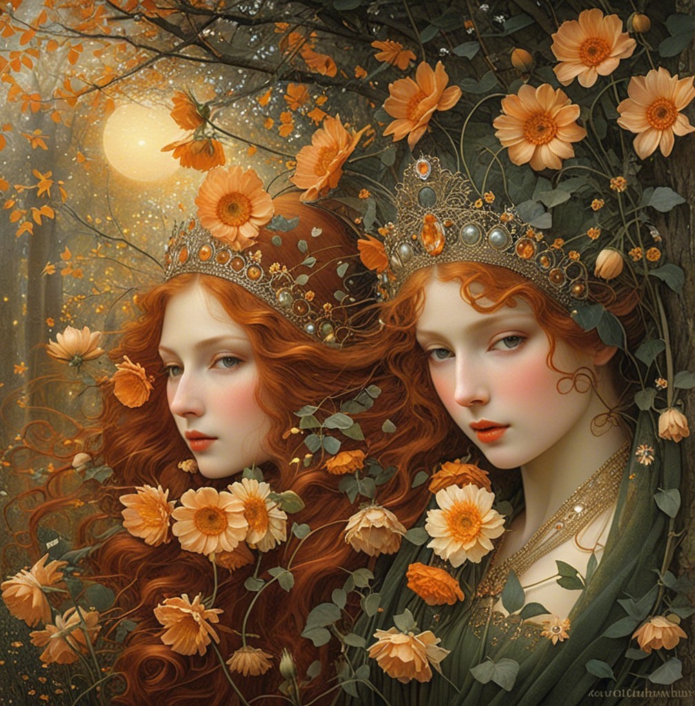 Ethereal Figures with Flower Crowns in Autumn Setting