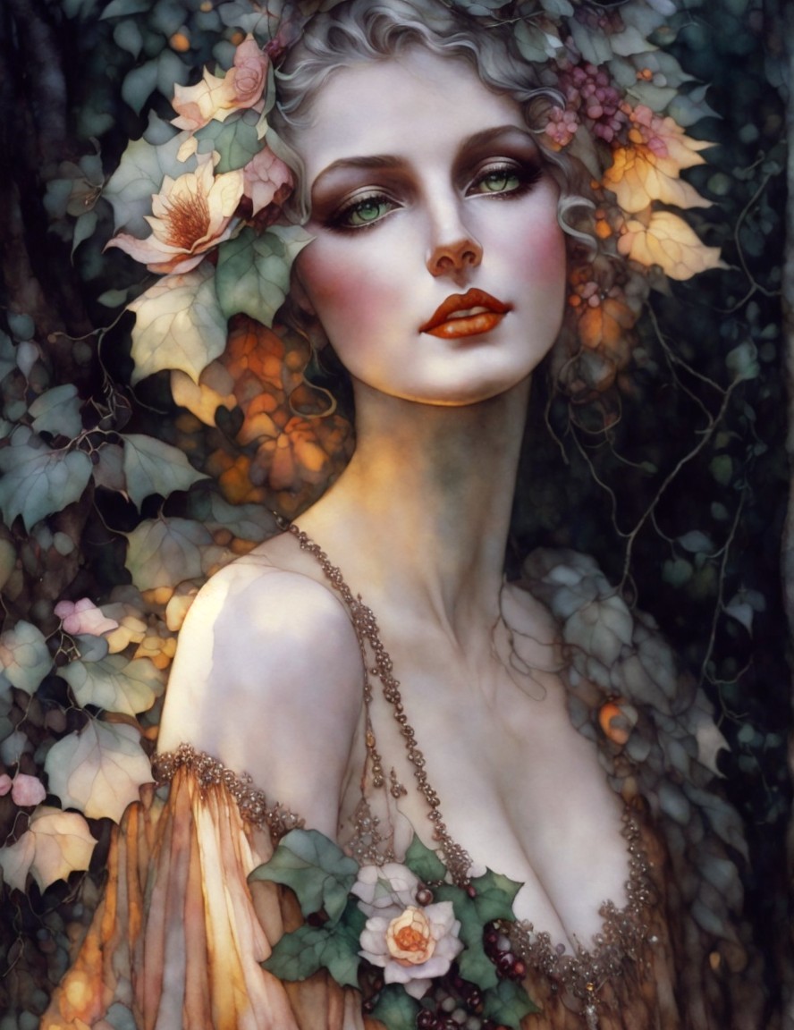 Portrait of woman with pale skin, adorned with autumn leaves, flowers, and vines blending with foliage background