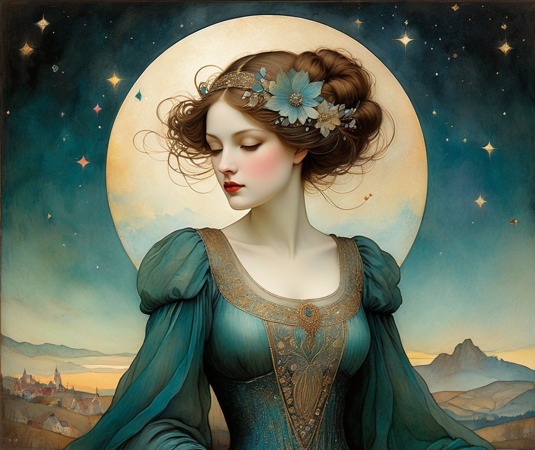Ethereal woman with floral hairpiece in celestial setting