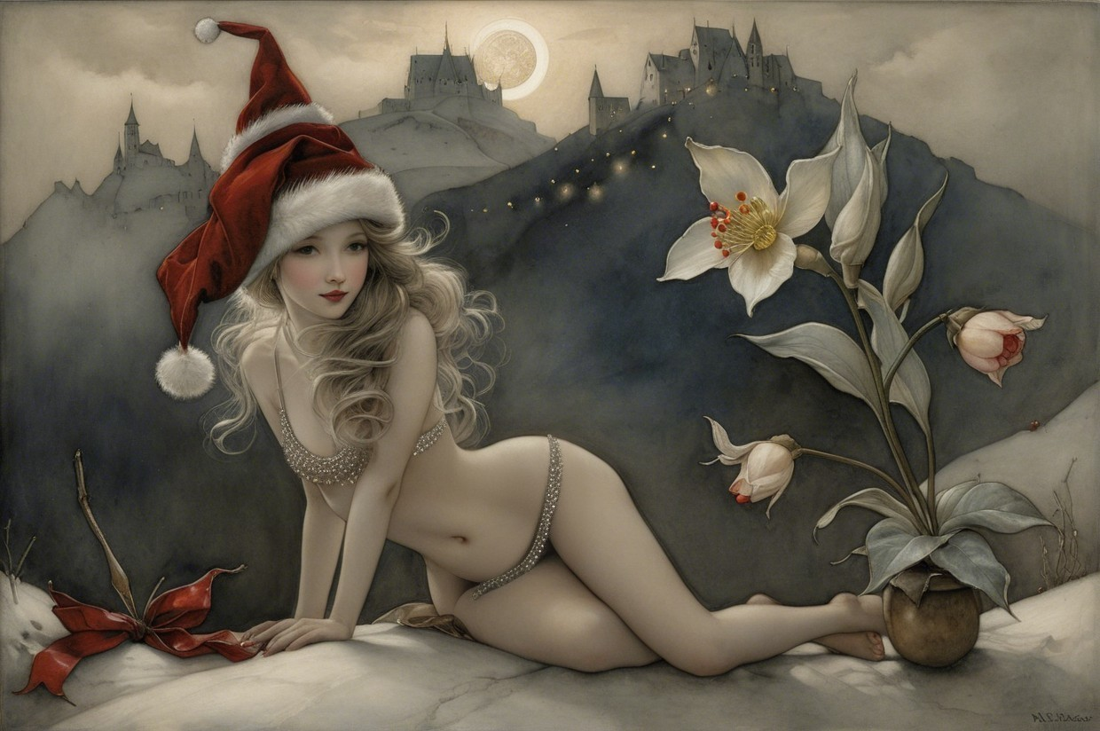 Whimsical Holiday Scene with Dreamy Figure and Castles