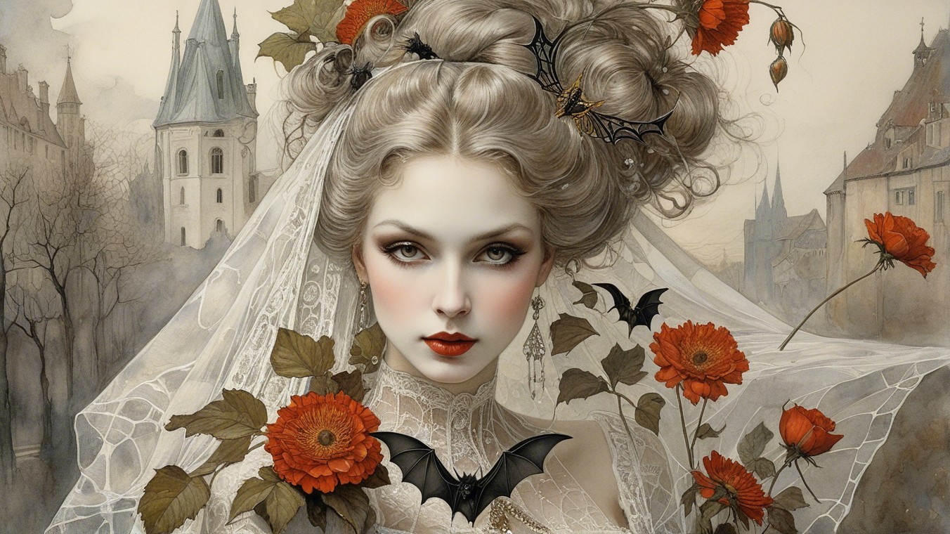 Portrait of a woman in a gothic landscape with flowers