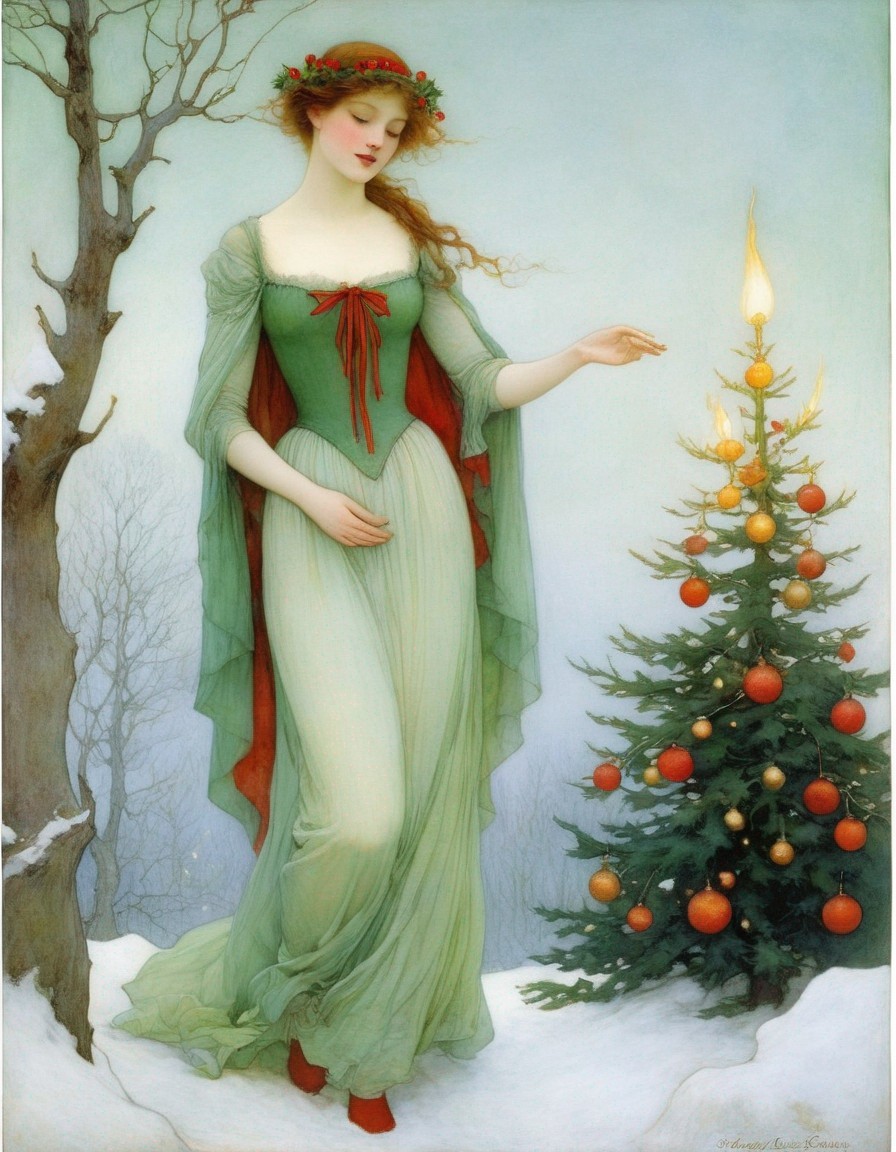 Woman in Green Robes by Christmas Tree in Snowy Landscape