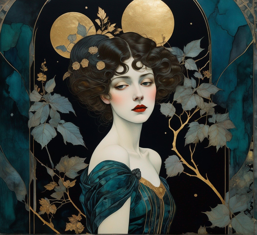Art Nouveau Portrait of Woman in Teal Dress
