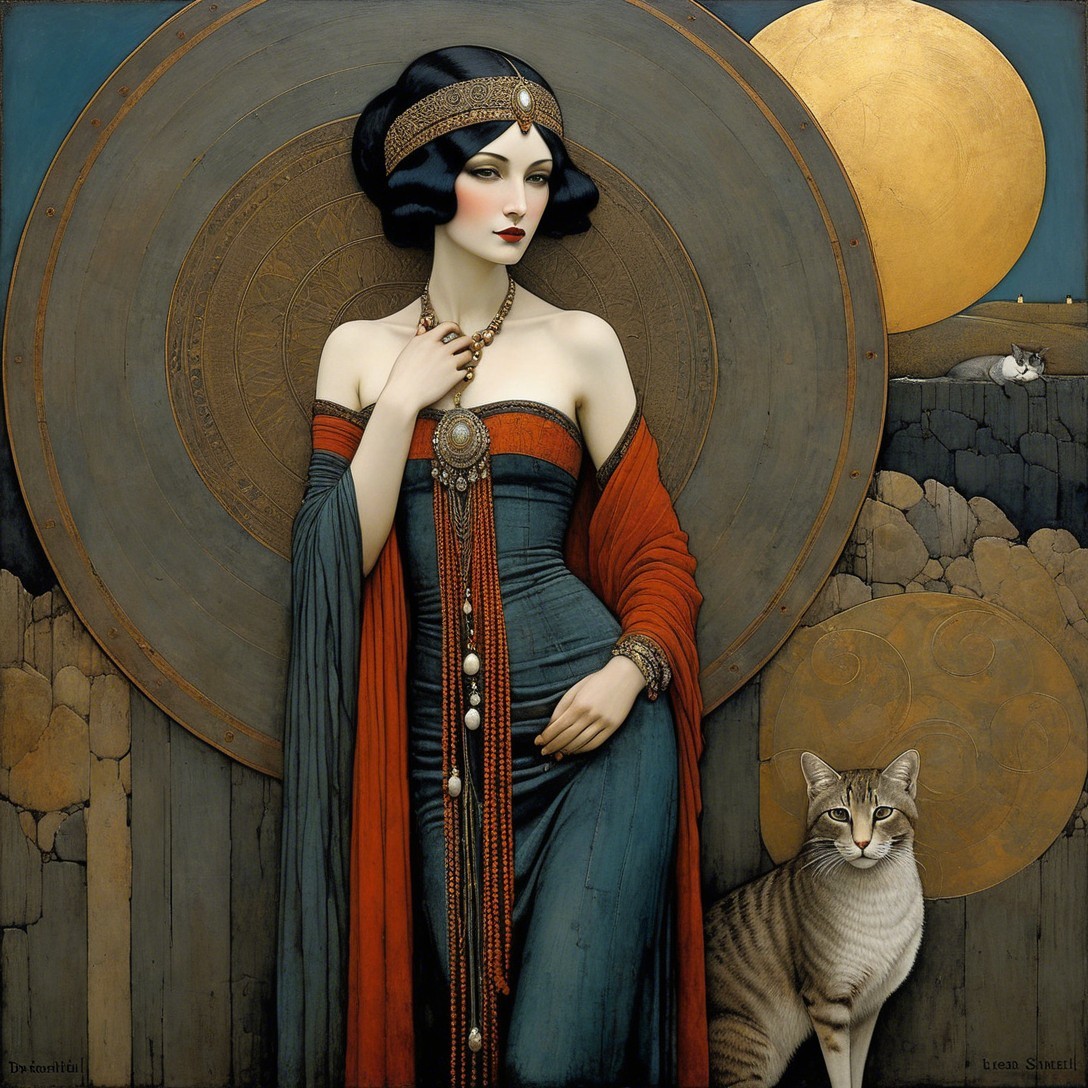 Digital painting of a woman in ornate attire with cats