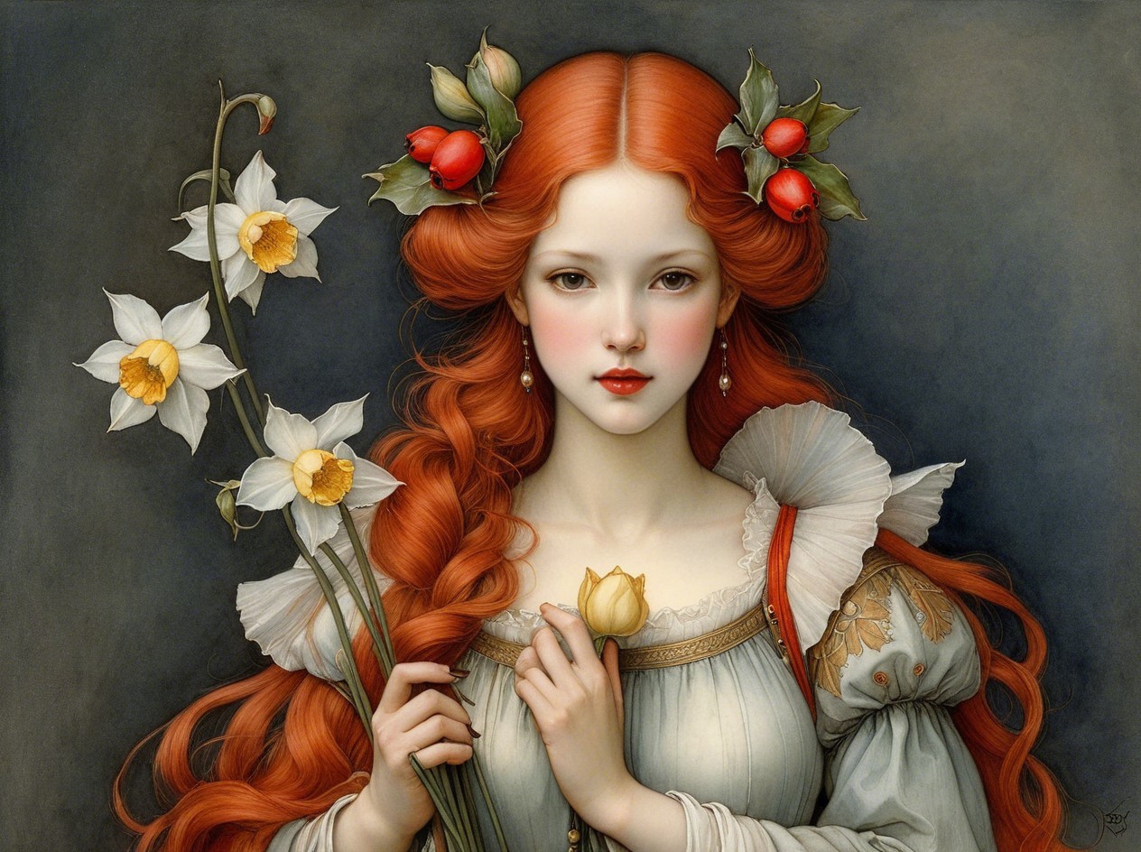 Renaissance Woman Portrait with Flowers and Elegant Attire