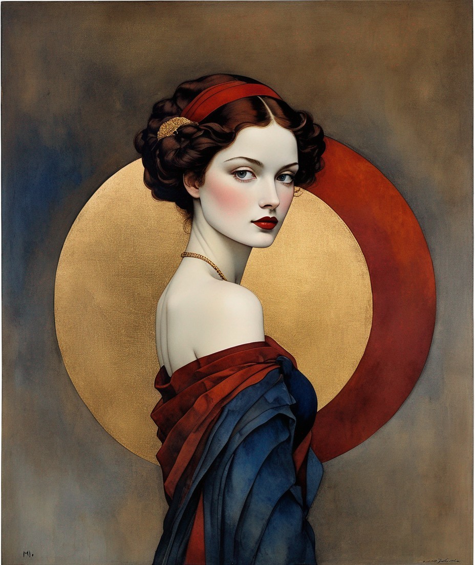 Elegant Portrait of a Woman with Dark Hair and Red Accents