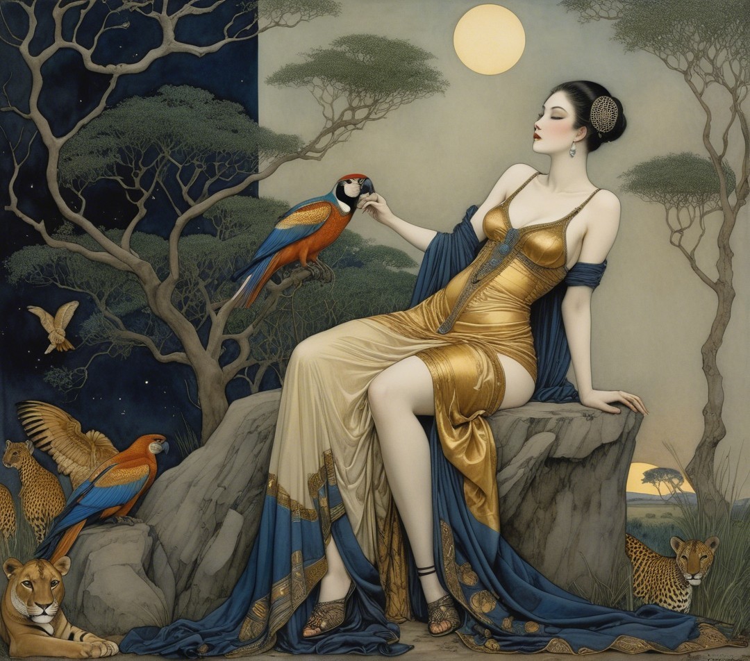 Serene Woman in Elegant Gown with Wild Animals at Twilight