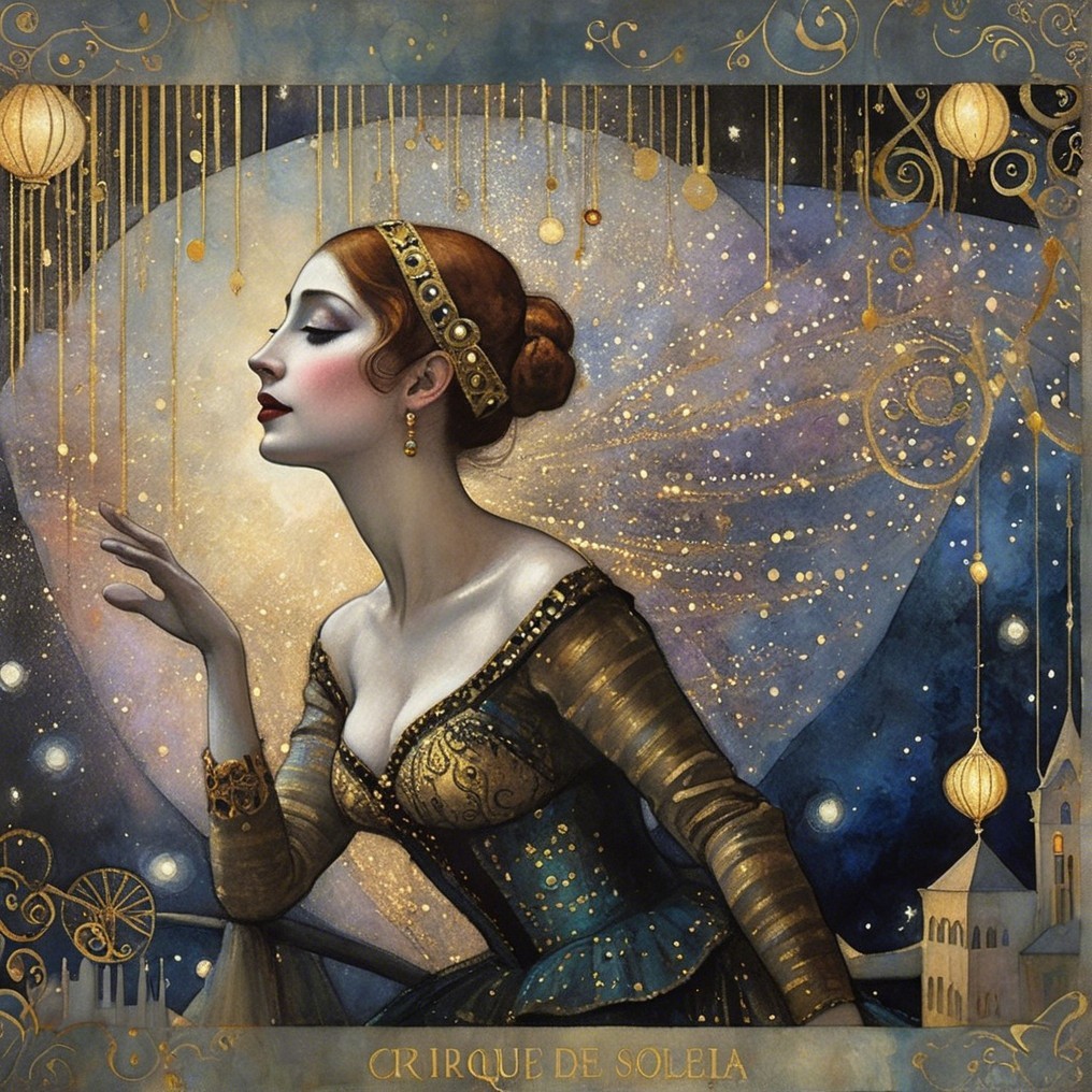 Elegant figure in gown with celestial background