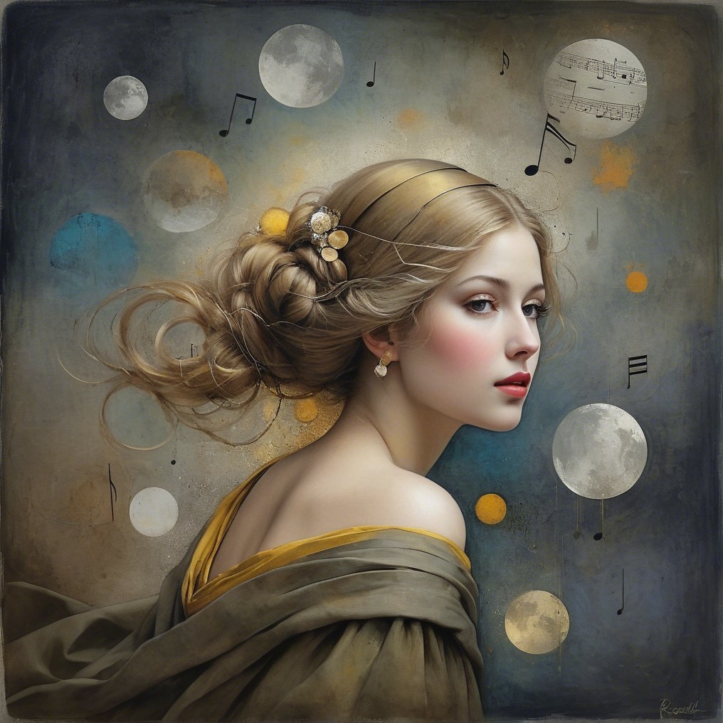 Serene Young Woman with Celestial Background Elements