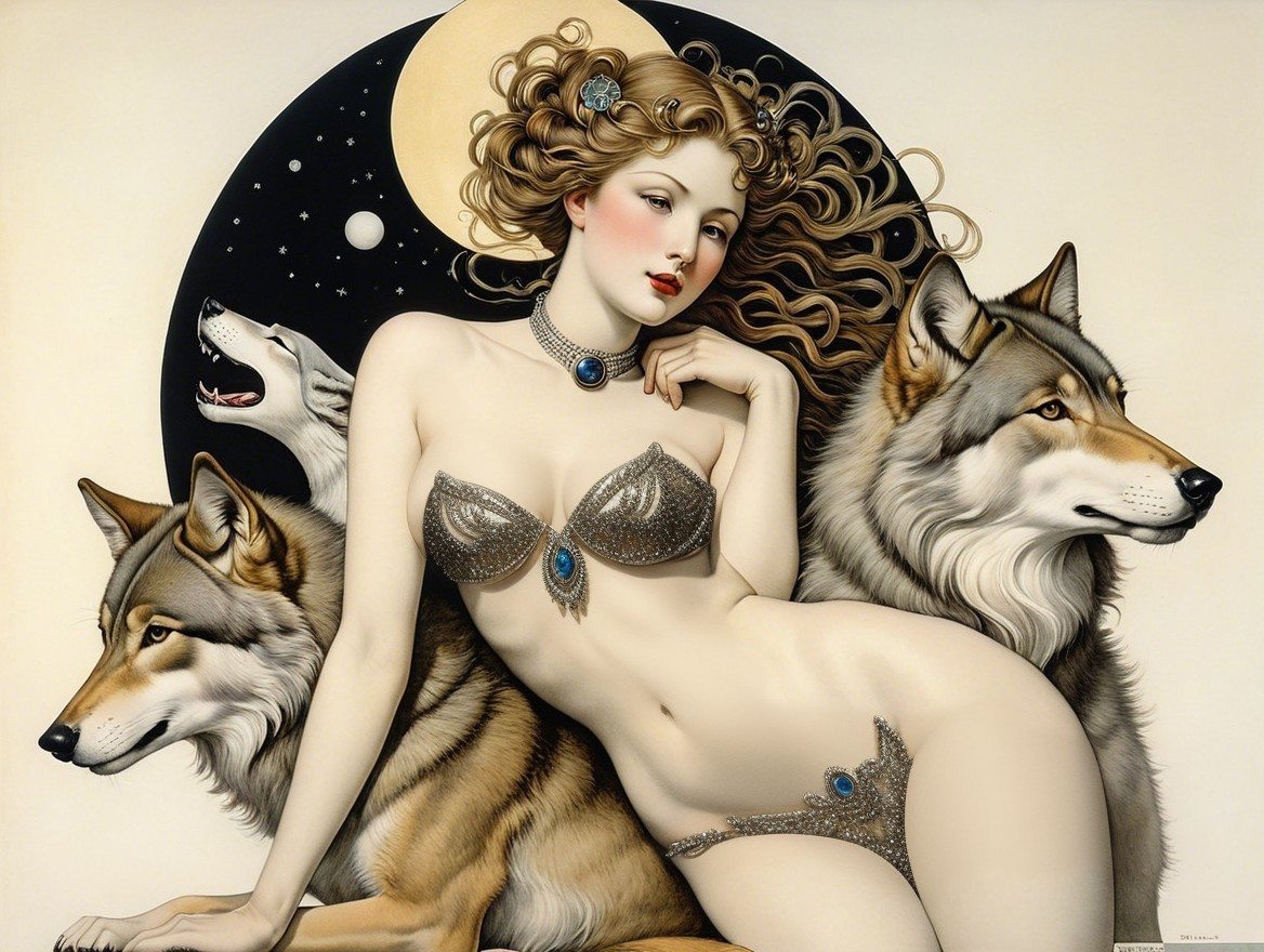 Ethereal Woman with Wolves Under a Full Moon