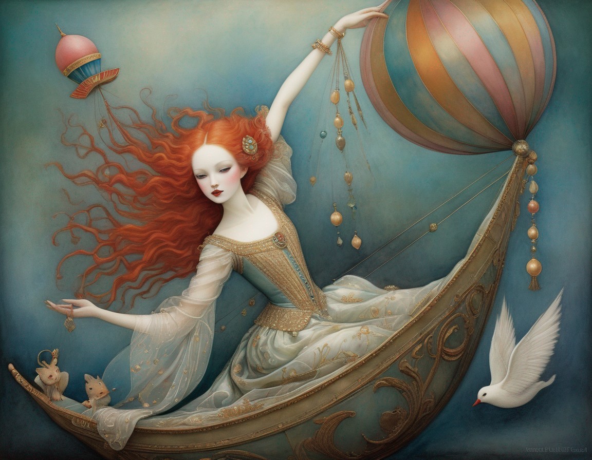 Surreal painting: Woman with red hair in ship-like dress, surrounded by whimsical elements