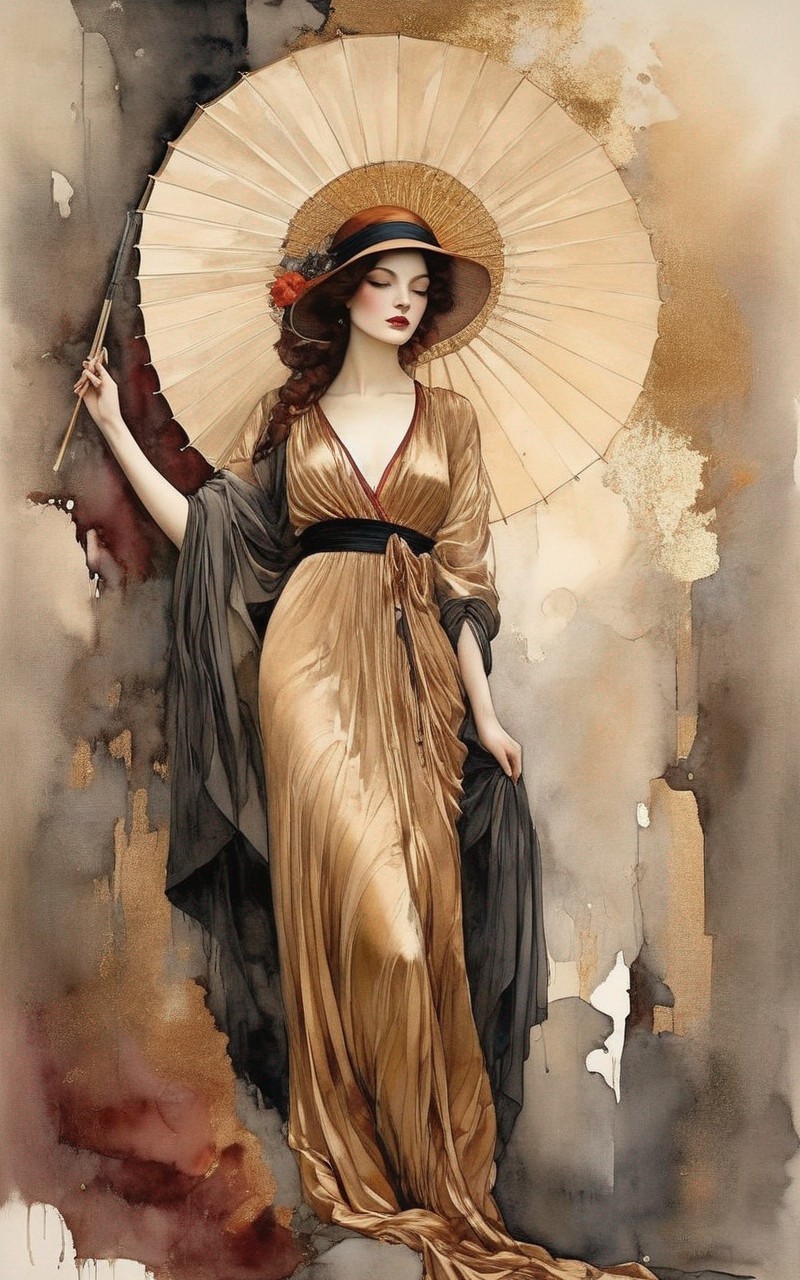 Elegant woman in golden dress with umbrella in vintage setting