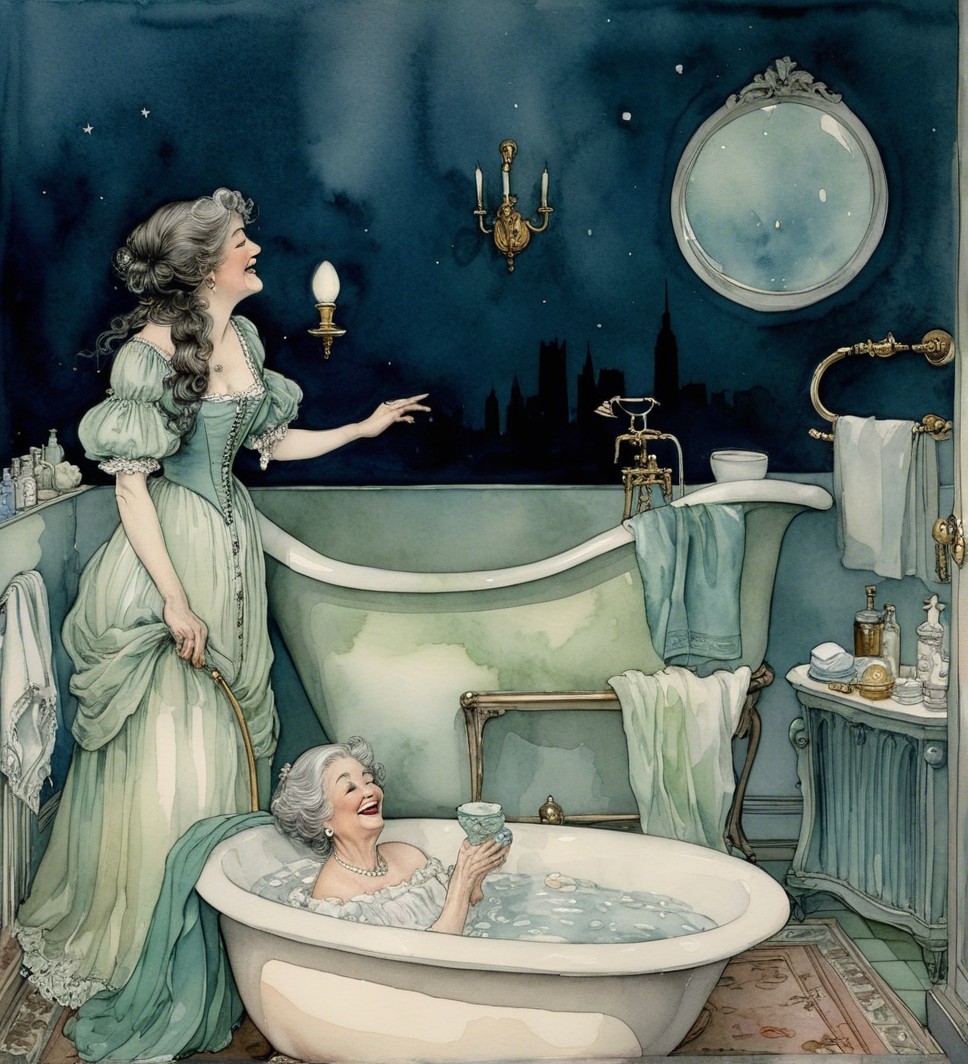 Whimsical Bathroom Scene with Two Women Enjoying Moments