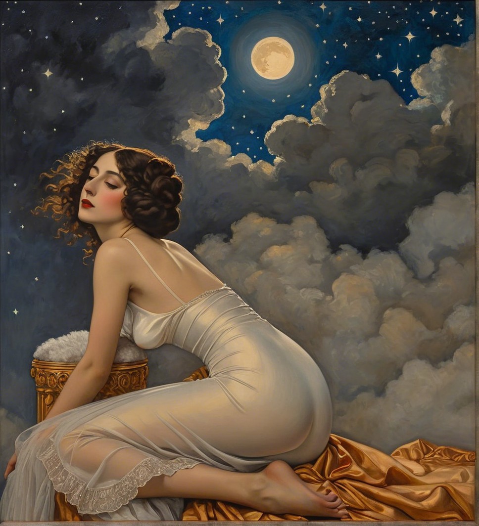 Ethereal Woman in Nightgown Against Moonlit Sky